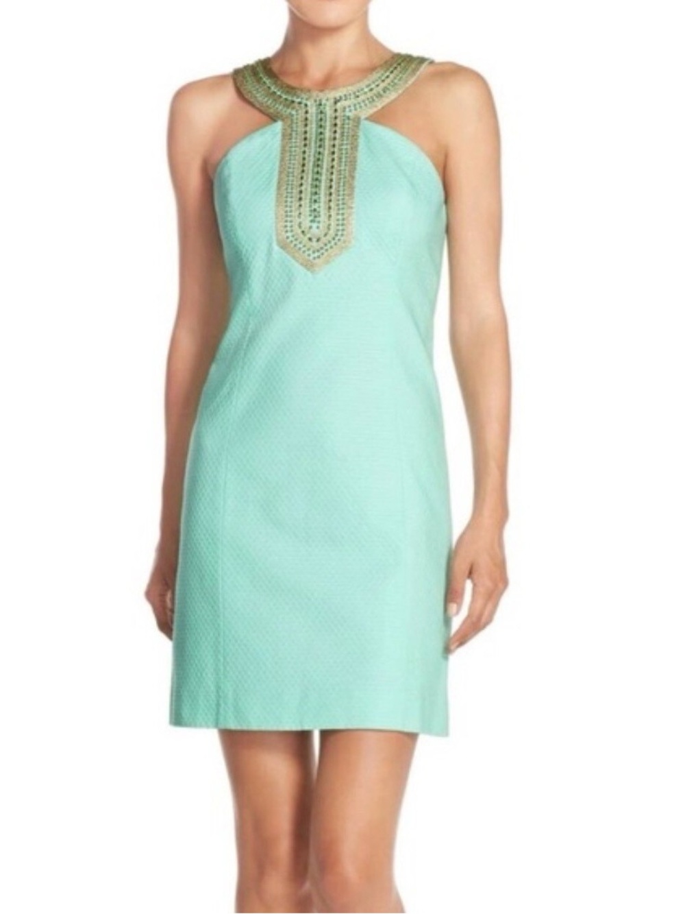 Lilly Pulitzer Adelina Shift Dress PoolSide Blue Gold Beaded